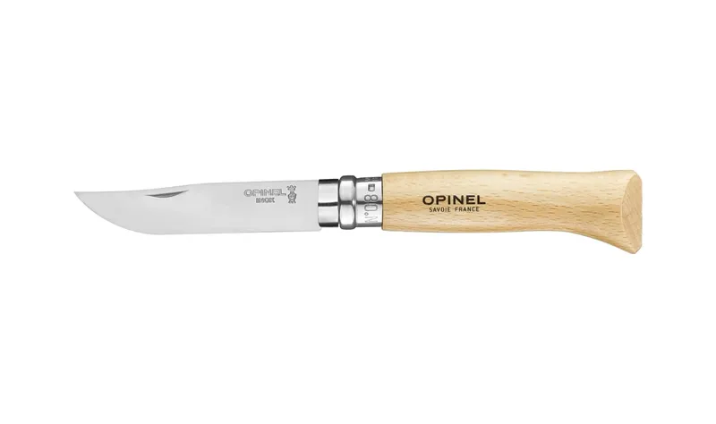 Couteau Opinel N°08 ouvert, lame inox et manche en hêtre