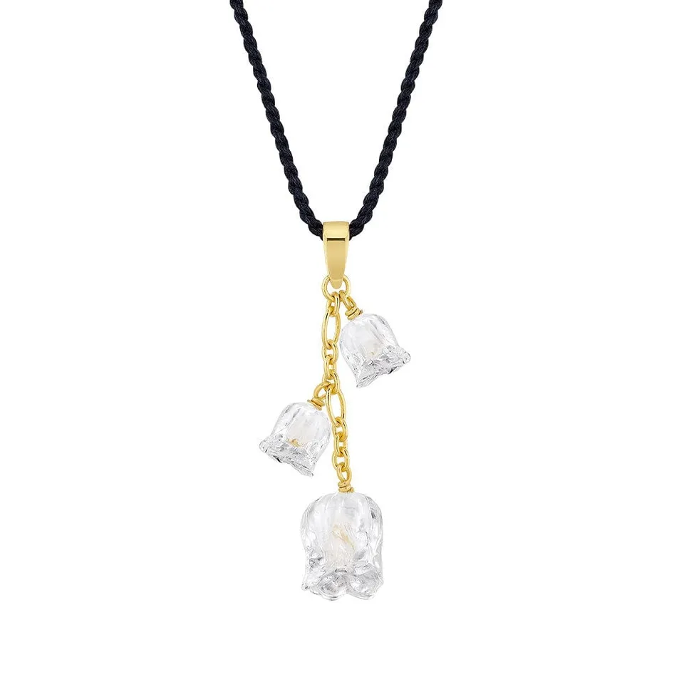 Pendentif Lalique à trois clochettes de muguet en cristal sur cordon noir