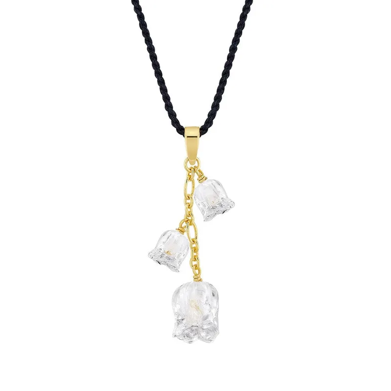 Pendentif Lalique à trois clochettes de muguet en cristal sur cordon noir