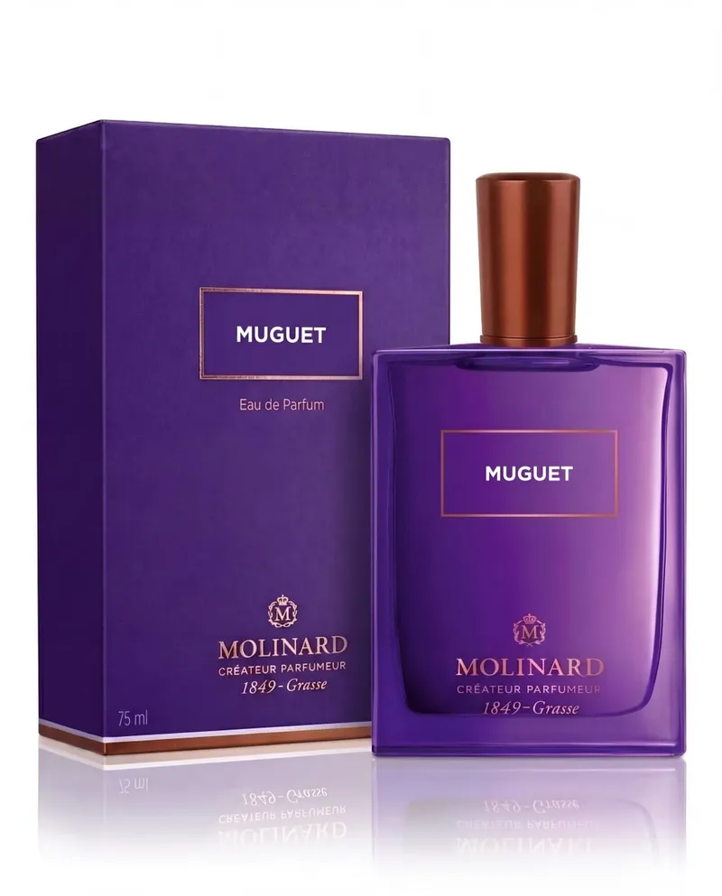 Flacon et coffret violets de l'eau de parfum Muguet de Molinard