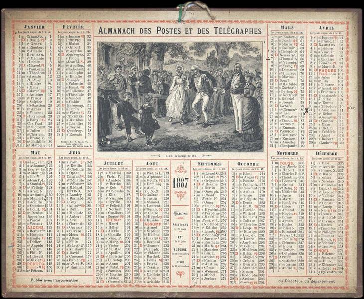 Ancien almanach montrant une liste de noces et de matières